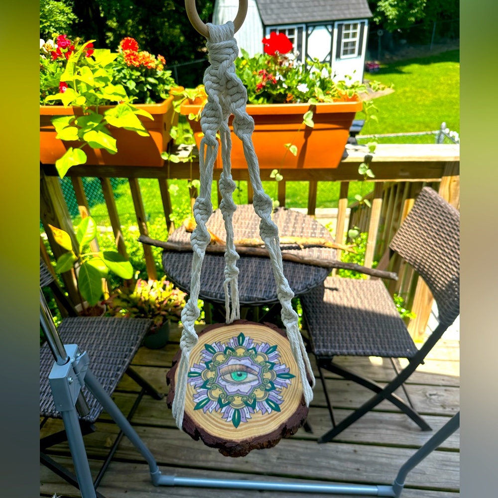 Macrame plant hanger with wooden shelf. All is handmade by me.